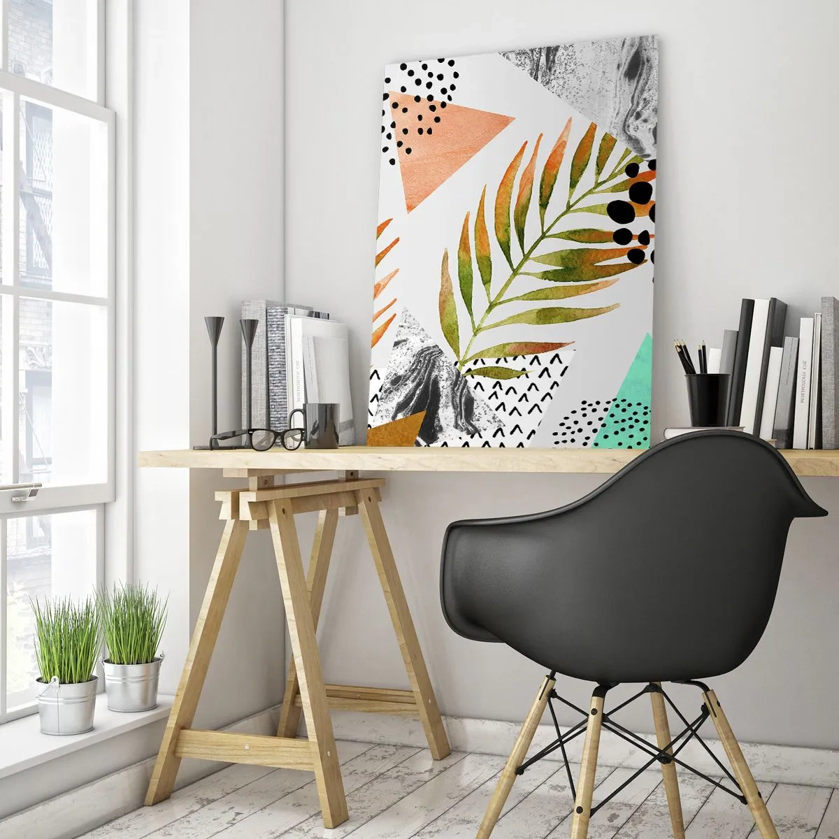 Impression sur verre - Image sur verre - Formes géométriques et feuilles aux couleurs pastel - 50x70cm - Décoration avec feuille de palmier - Décoration murale moderne pour le salon et la chambre ARTTOR