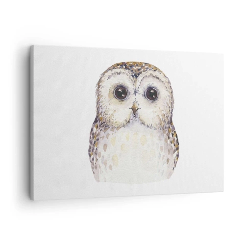 Impression sur toile - Image sur toile - Portrait d'un hibou sur fond clair aux couleurs délicates - 70x50cm - Regarde-moi dans les yeux - Décoration murale moderne pour le salon et la chambre ARTTOR