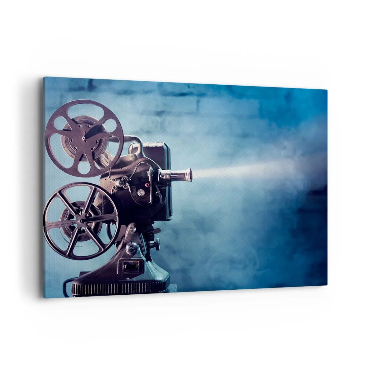 Impression sur toile - Image sur toile - Un vieux projecteur de cinéma projetant de la lumière sur un fond bleu - 100x70cm - Dans un vieux cinéma - Décoration murale moderne pour le salon et la chambre ARTTOR