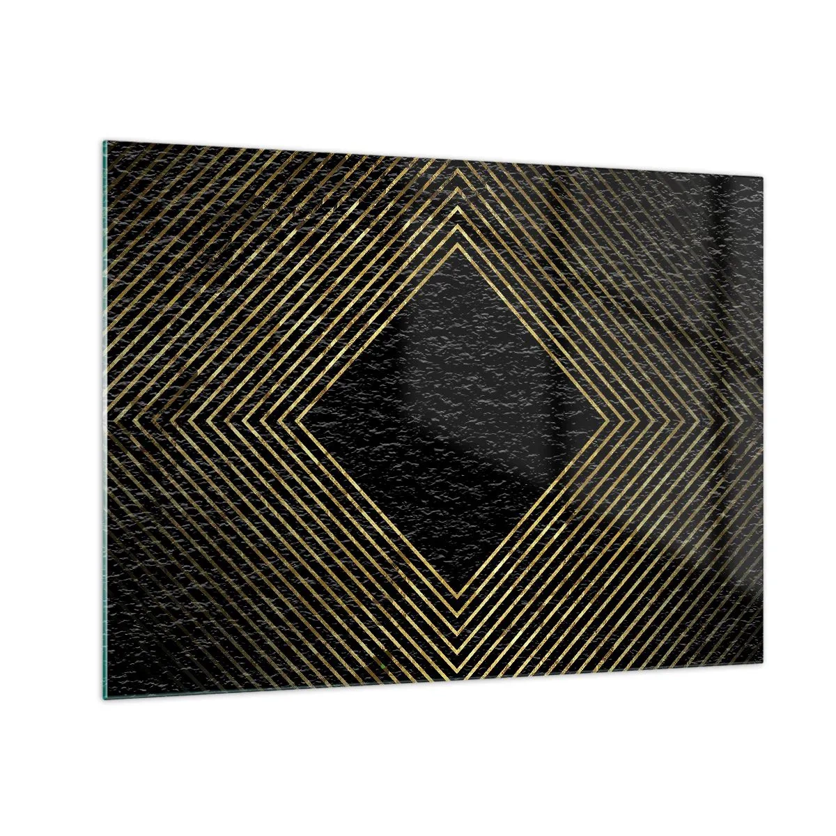 Impression sur verre - Image sur verre - Diamant en or avec des lignes géométriques sur fond noir - 70x50cm - Géométrie dans un style glamour - Décoration murale moderne pour le salon et la chambre ARTTOR