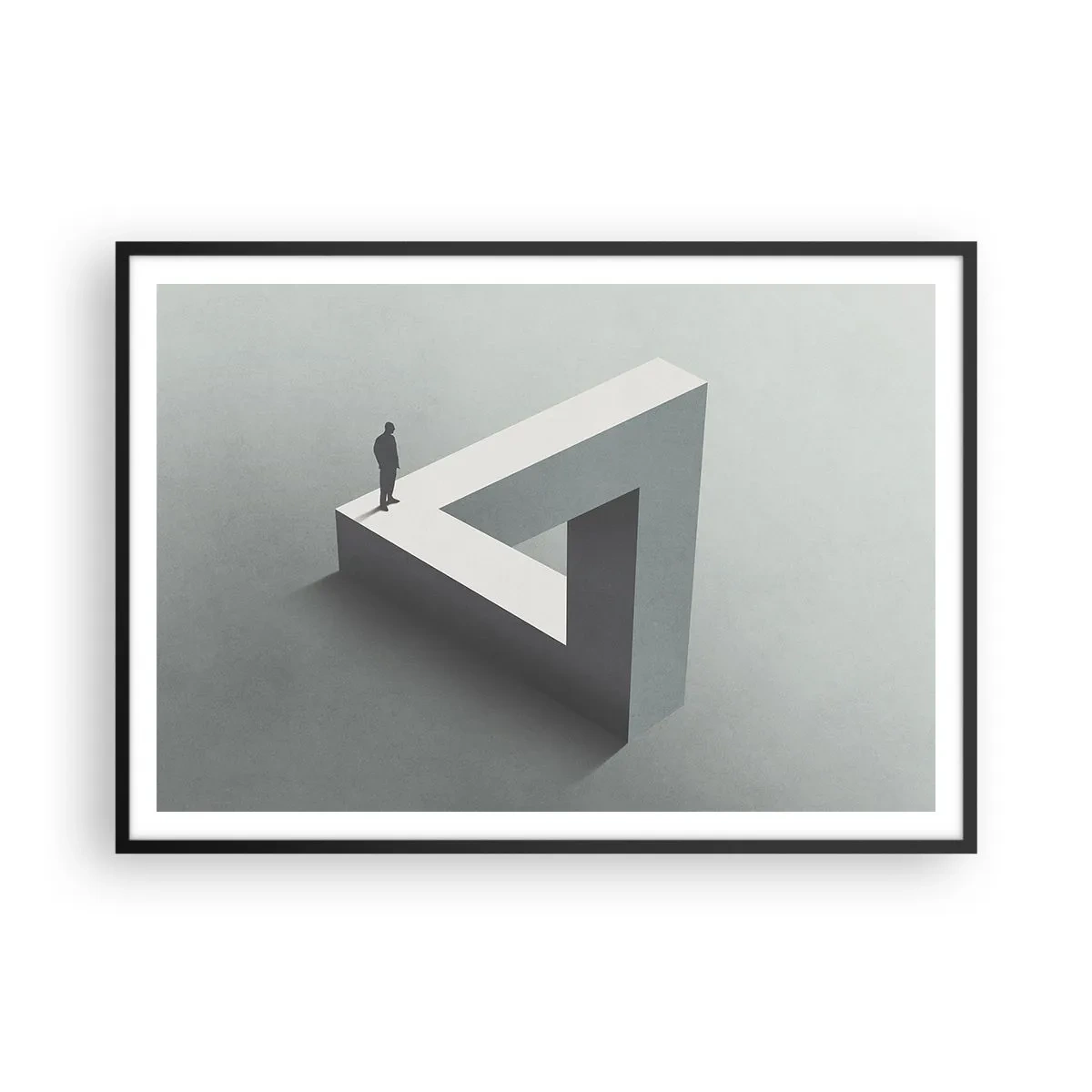 Affiche dans un cadre noir - Poster - Une figure debout sur un triangle de Penrose dans des tons de gris. - 100x70cm - Mais c'est possible - Décoration murale moderne pour le salon et la chambre ARTTOR