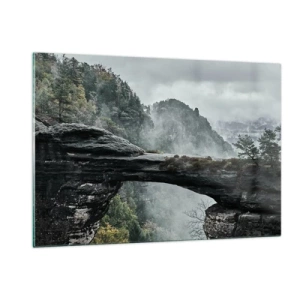 Impression sur verre - Image sur verre - Un pont de pierre entre des montagnes brumeuses et un paysage forestier - 120x80cm - L'aventure est sur le point de commencer - Décoration murale moderne pour le salon et la chambre ARTTOR
