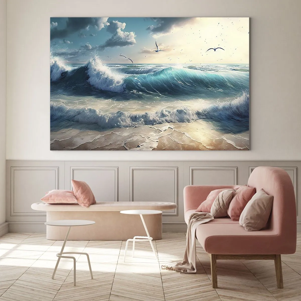 Impression sur verre - Image sur verre - Les vagues s'écrasent sur le rivage dans la lumière du matin - 70x50cm - Ça bourdonne seulement pour toi - Décoration murale moderne pour le salon et la chambre ARTTOR