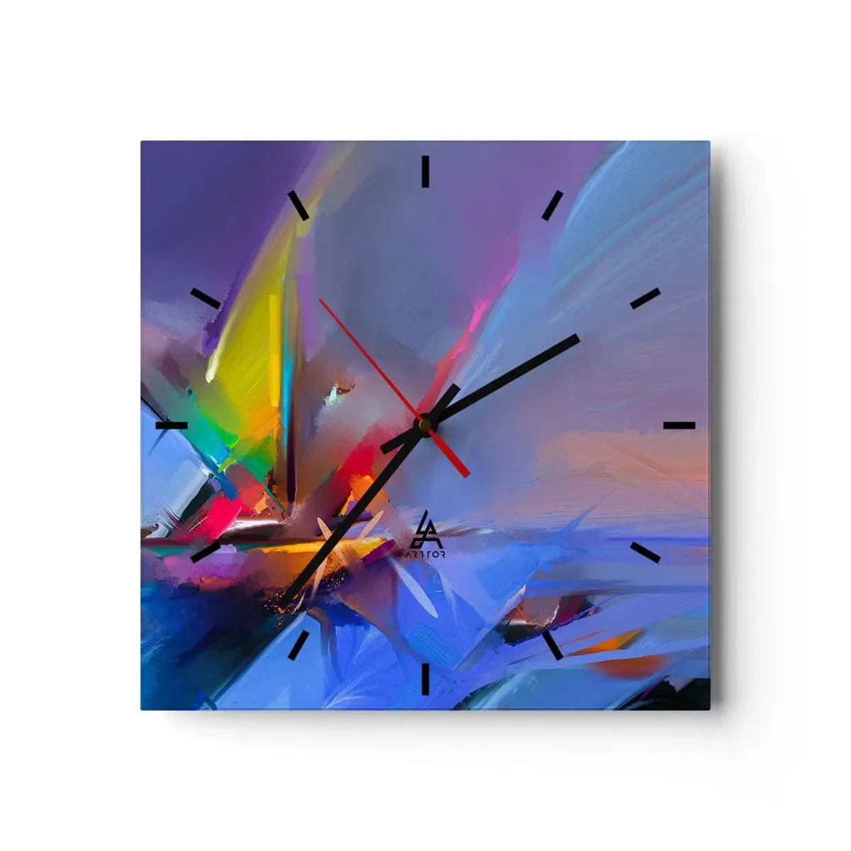 Horloge murale - Pendule murale - Composition abstraite aux couleurs intenses - 30x30cm - Hélices comme un oiseau - Décoration murale moderne pour le salon et la chambre ARTTOR