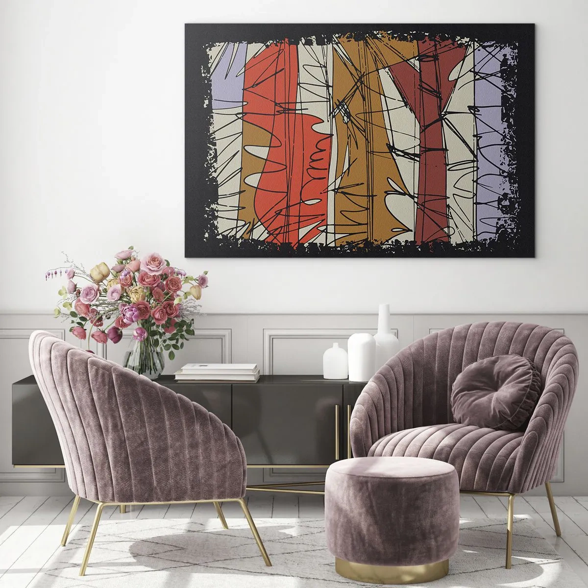 Impression sur verre - Image sur verre - Abstraction graphique avec des rayures colorées et des lignes noires - 70x50cm - Composition spontanée - Décoration murale moderne pour le salon et la chambre ARTTOR