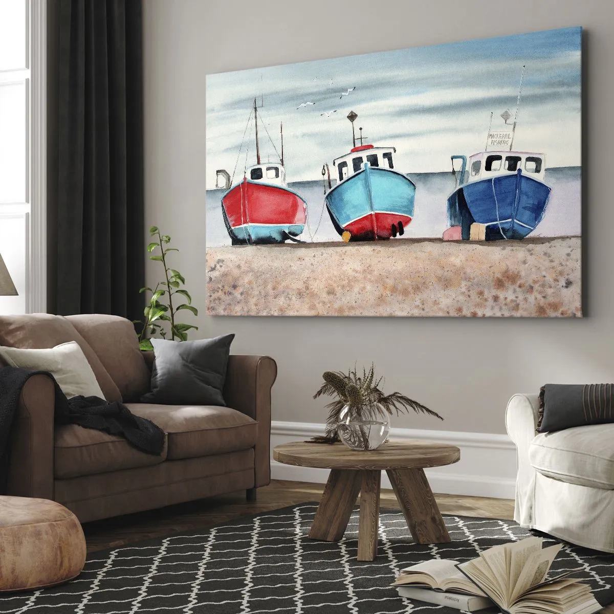 Impression sur toile - Image sur toile - Bateaux de pêche colorés sur le rivage dans un paysage marin - 70x50cm - Prêt pour la pêche - Décoration murale moderne pour le salon et la chambre ARTTOR