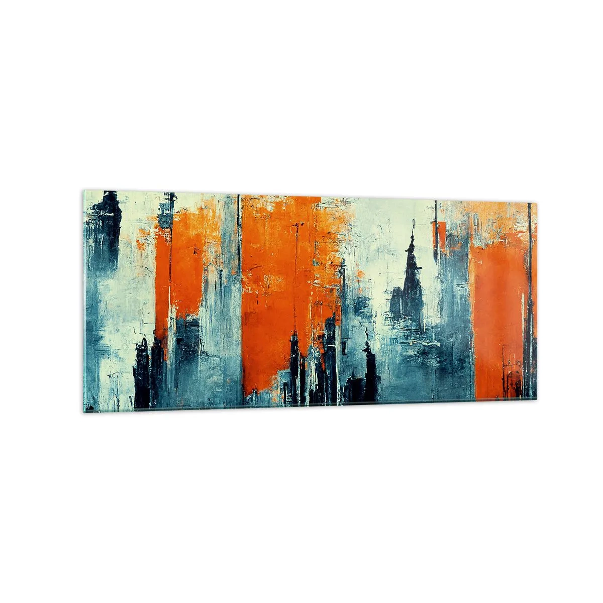 Impression sur verre - Image sur verre - Paysage urbain abstrait dans des tons orange et bleu - 120x50cm - Paysage moderne - Décoration murale moderne pour le salon et la chambre ARTTOR