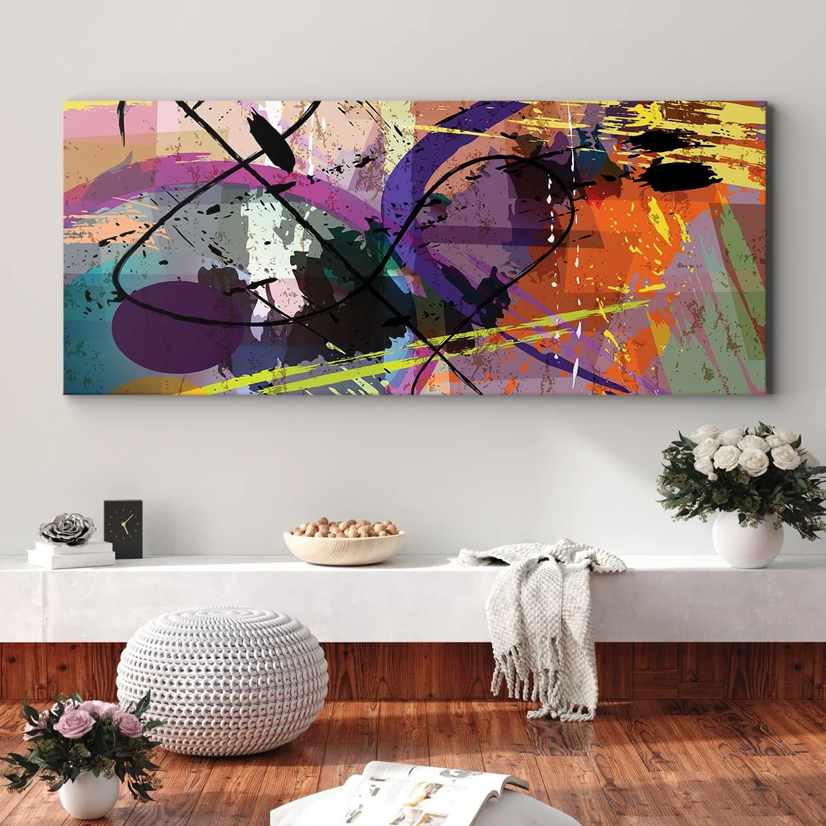 Impression sur toile - Image sur toile - Un motif abstrait coloré avec des lignes et des formes dynamiques. - 120x50cm - Vous pouvez aller tout droit ou autour - Décoration murale moderne pour le salon et la chambre ARTTOR