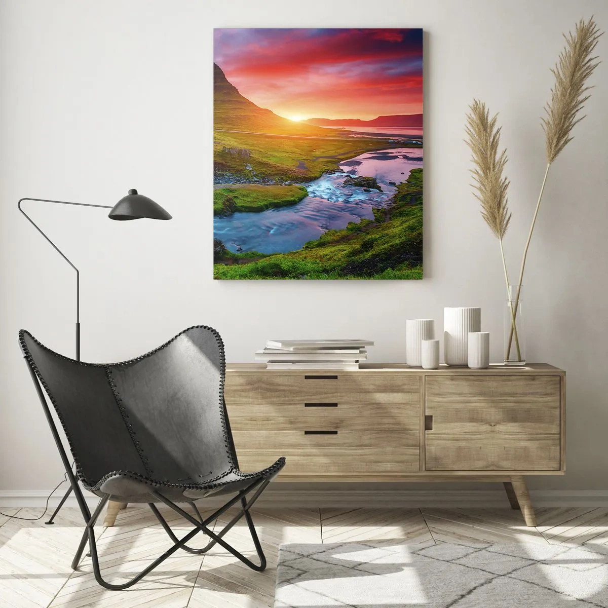Impression sur verre - Image sur verre - Cascade pittoresque et montagne au coucher du soleil - 80x120cm - Islande - feu et eau - Décoration murale moderne pour le salon et la chambre ARTTOR