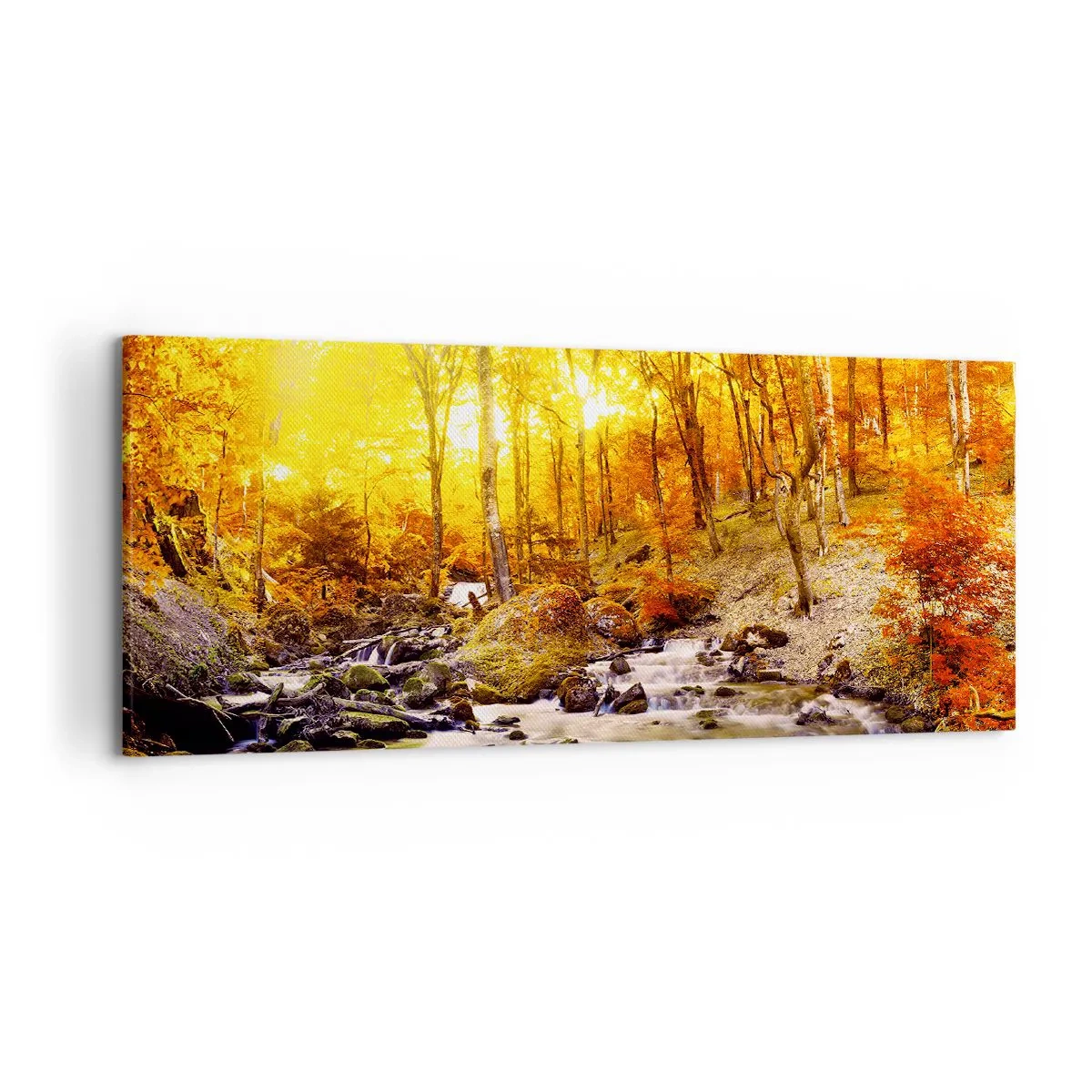 Impression sur toile - Image sur toile - Forêt d'automne avec un ruisseau parmi les feuilles dorées - 120x50cm - Pierres serties d'or et de platine - Décoration murale moderne pour le salon et la chambre ARTTOR