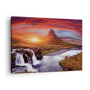 Impression sur toile - Image sur toile - Paysage de montagne avec une cascade au coucher du soleil - 70x50cm - Vue de la terre du milieu - Décoration murale moderne pour le salon et la chambre ARTTOR