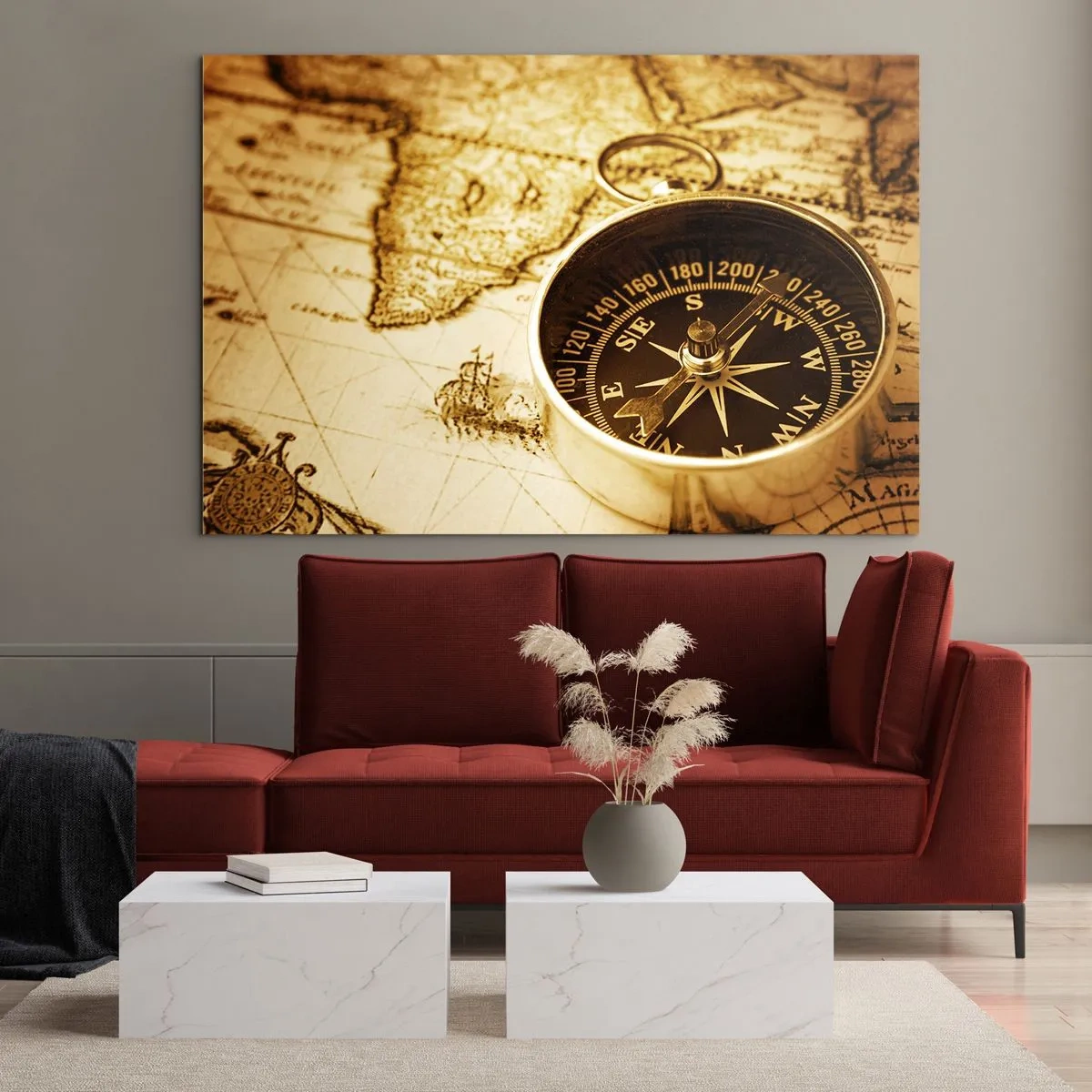 Impression sur verre - Image sur verre - Une boussole dorée sur un vieux fond de carte - 70x50cm - Est ou ouest? - Décoration murale moderne pour le salon et la chambre ARTTOR