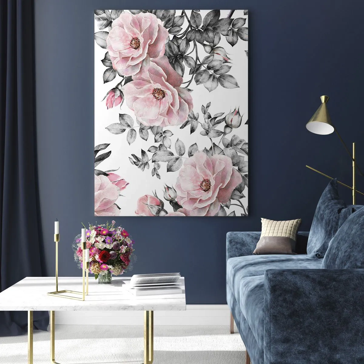 Impression sur verre - Image sur verre - Roses roses et feuilles sur un délicat fond noir et blanc - 80x120cm - Se perdre dans les fleurs des roses - Décoration murale moderne pour le salon et la chambre ARTTOR