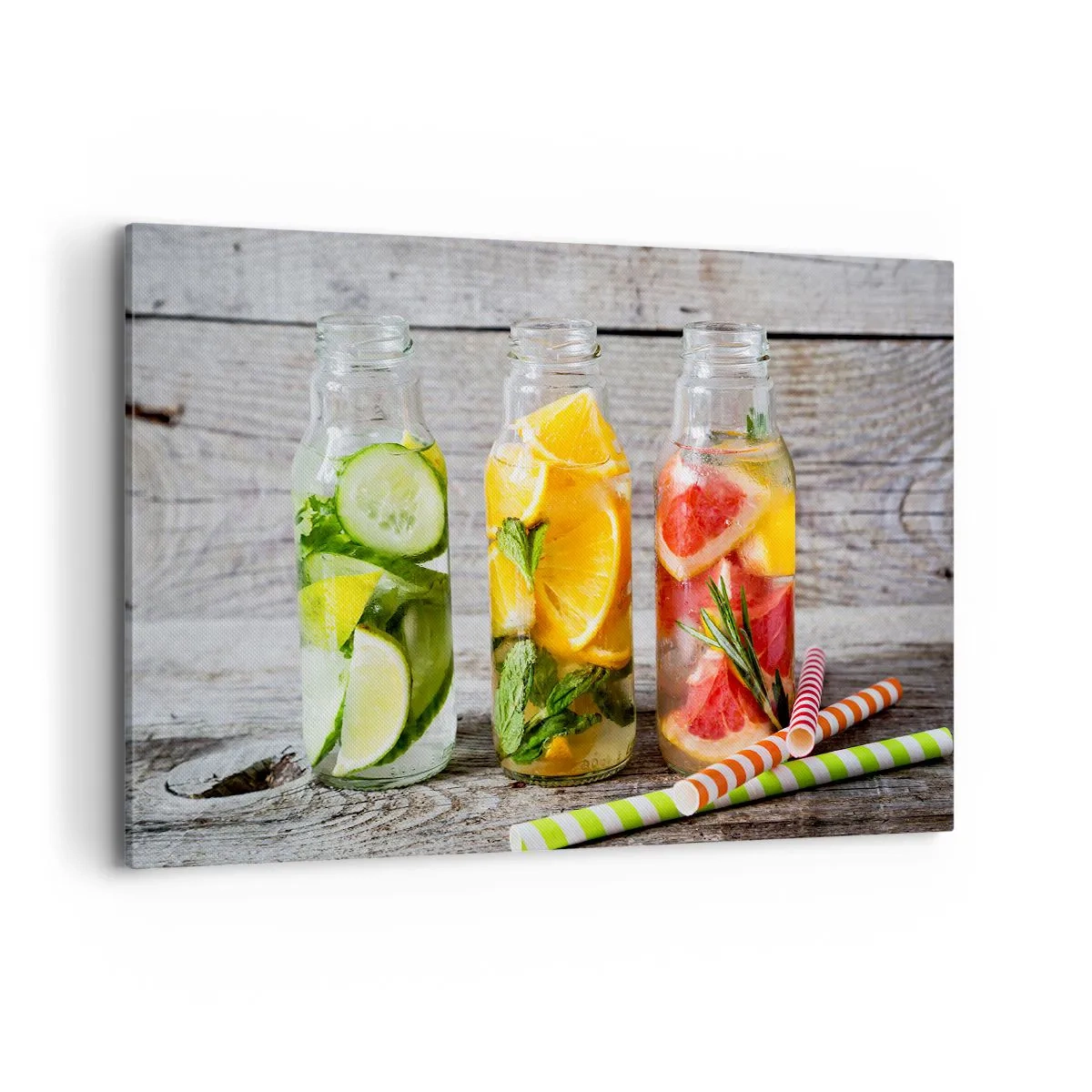 Impression sur toile - Image sur toile - Bouteilles d'eau fruitée et d'herbes sur fond de bois - 120x80cm - Sain par nature - Décoration murale moderne pour le salon et la chambre ARTTOR