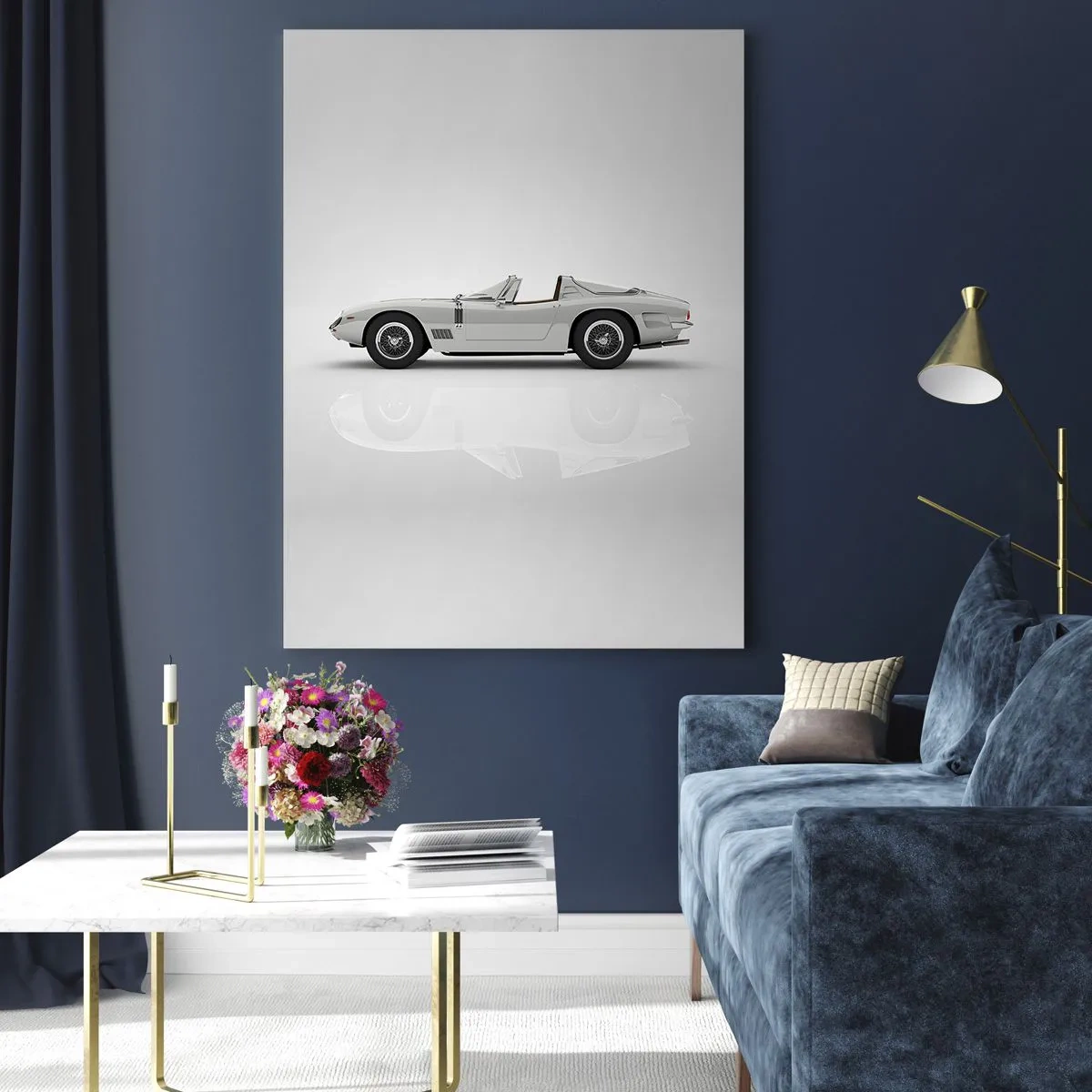 Impression sur verre - Image sur verre - Un cabriolet blanc classique sur un fond minimaliste avec des reflets. - 50x70cm - Promesse de plaisir - Décoration murale moderne pour le salon et la chambre ARTTOR
