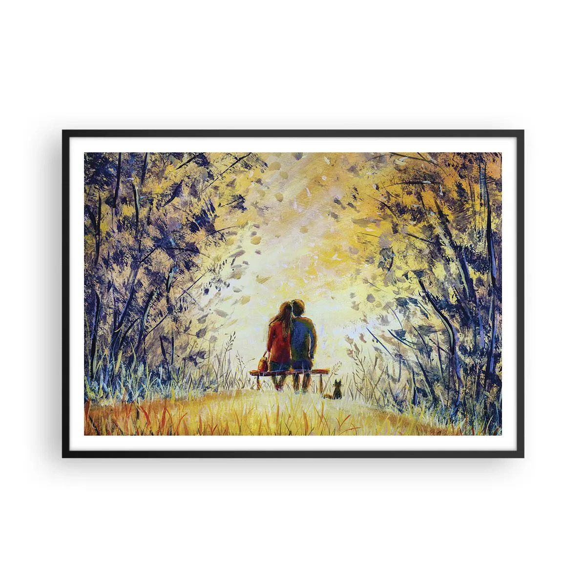 Affiche dans un cadre noir - Poster - Un couple assis sur un banc parmi les arbres d'automne au soleil - 100x70cm - Moment magique - Décoration murale moderne pour le salon et la chambre ARTTOR