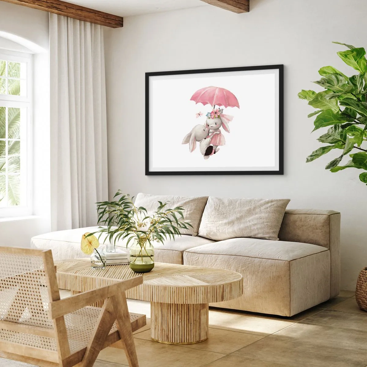 Affiche dans un cadre noir - Poster - Des lapins mignons sous un parapluie rose - 70x50cm - C'est ça l'amour - Décoration murale moderne pour le salon et la chambre ARTTOR