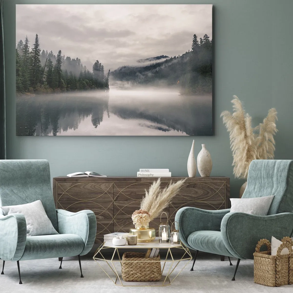 Impression sur toile - Image sur toile - Une forêt brumeuse se reflétant dans un lac calme - 120x80cm - Reflet dans le brouillard - Décoration murale moderne pour le salon et la chambre ARTTOR