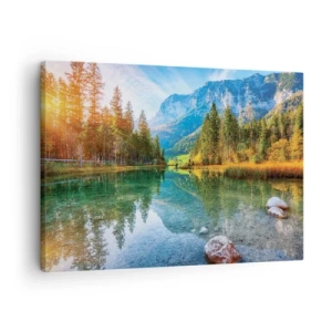 Impression sur toile - Image sur toile - Un lac pittoresque entouré de montagnes et de forêts - 70x50cm - Douceur automnale - Décoration murale moderne pour le salon et la chambre ARTTOR