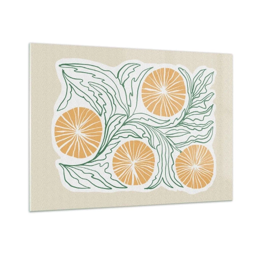 Impression sur verre - Image sur verre - Fruits orange et feuilles vertes dans une composition graphique - 100x70cm - Ethnique avec une pointe d'abstraction - Décoration murale moderne pour le salon et la chambre ARTTOR