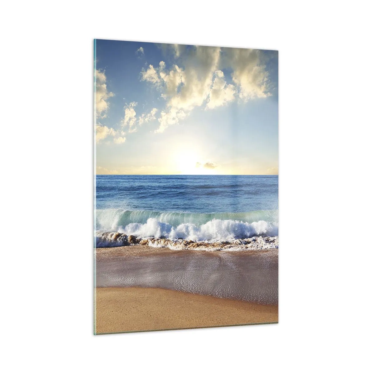 Impression sur verre - Image sur verre - Vagues de l'océan s'écrasant sur une plage dorée au lever du soleil - 50x70cm - Mouvement et immobilité à la fois - Décoration murale moderne pour le salon et la chambre ARTTOR