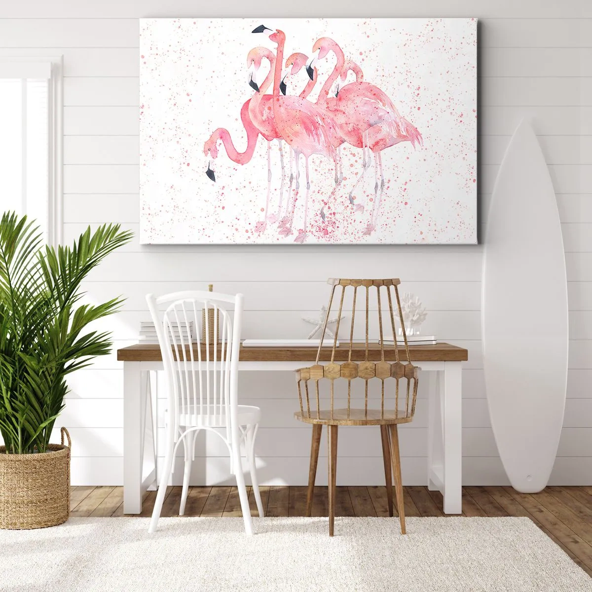 Impression sur toile - Image sur toile - Flamants roses dans un style aquarelle artistique - 70x50cm - Ensemble rose - Décoration murale moderne pour le salon et la chambre ARTTOR
