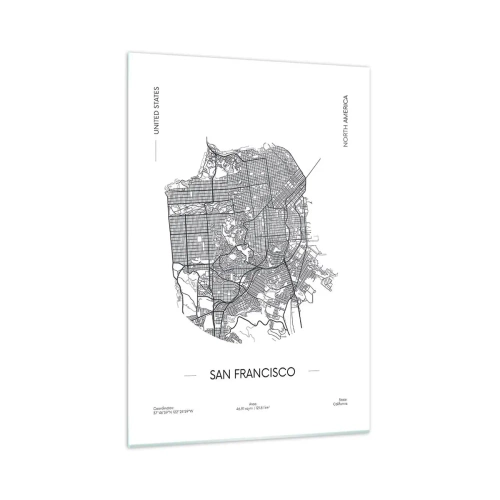 Impression sur verre - Image sur verre - Une carte de San Francisco dans un style minimaliste en noir et blanc. - 70x100cm - Anatomie de San Fransisco - Décoration murale moderne pour le salon et la chambre ARTTOR