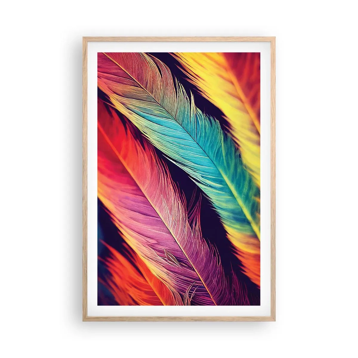 Affiche dans un chêne clair - Poster - Arc-en-ciel de plumes - 61x91 cm