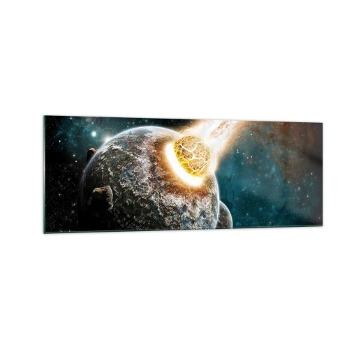 Impression sur verre - Image sur verre - Collision cosmique d'une planète avec un astéroïde à proximité de la galaxie. - 140x50cm - Destruction ou naissance? - Décoration murale moderne pour le salon et la chambre ARTTOR