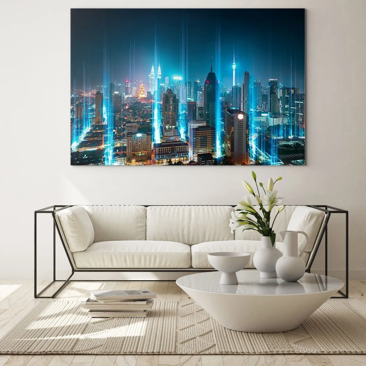 Impression sur verre - Image sur verre - Une ville nocturne avec de grands immeubles et des traînées lumineuses - 70x50cm - À Berlin au paradis - Décoration murale moderne pour le salon et la chambre ARTTOR