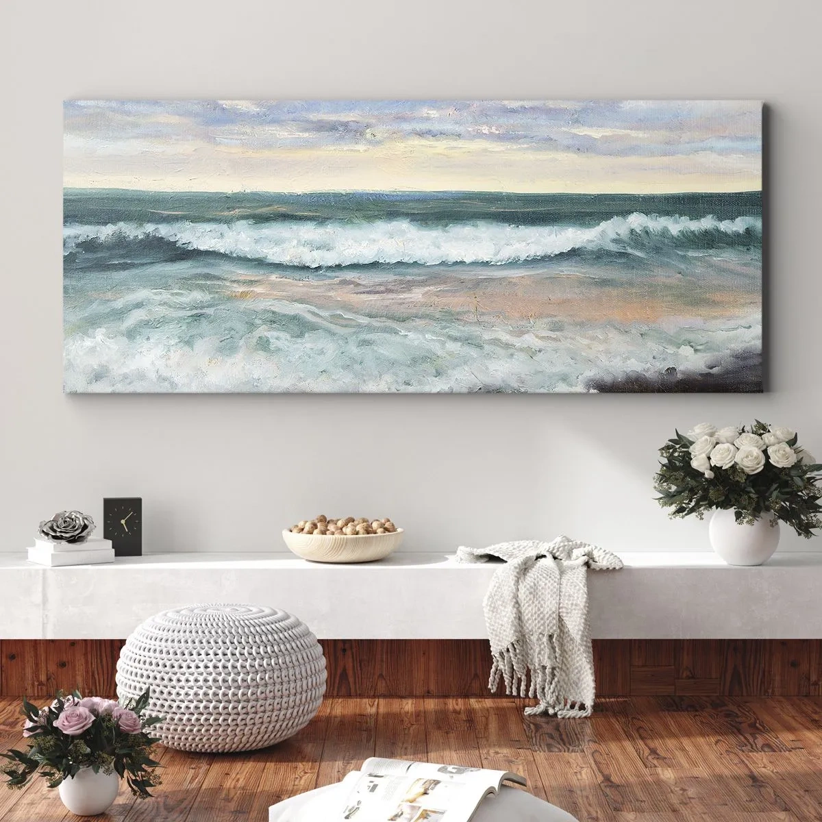 Impression sur toile - Image sur toile - Vagues de la mer contre un ciel nuageux au coucher du soleil - 120x50cm - Ici tu adouciras ton âme - Décoration murale moderne pour le salon et la chambre ARTTOR