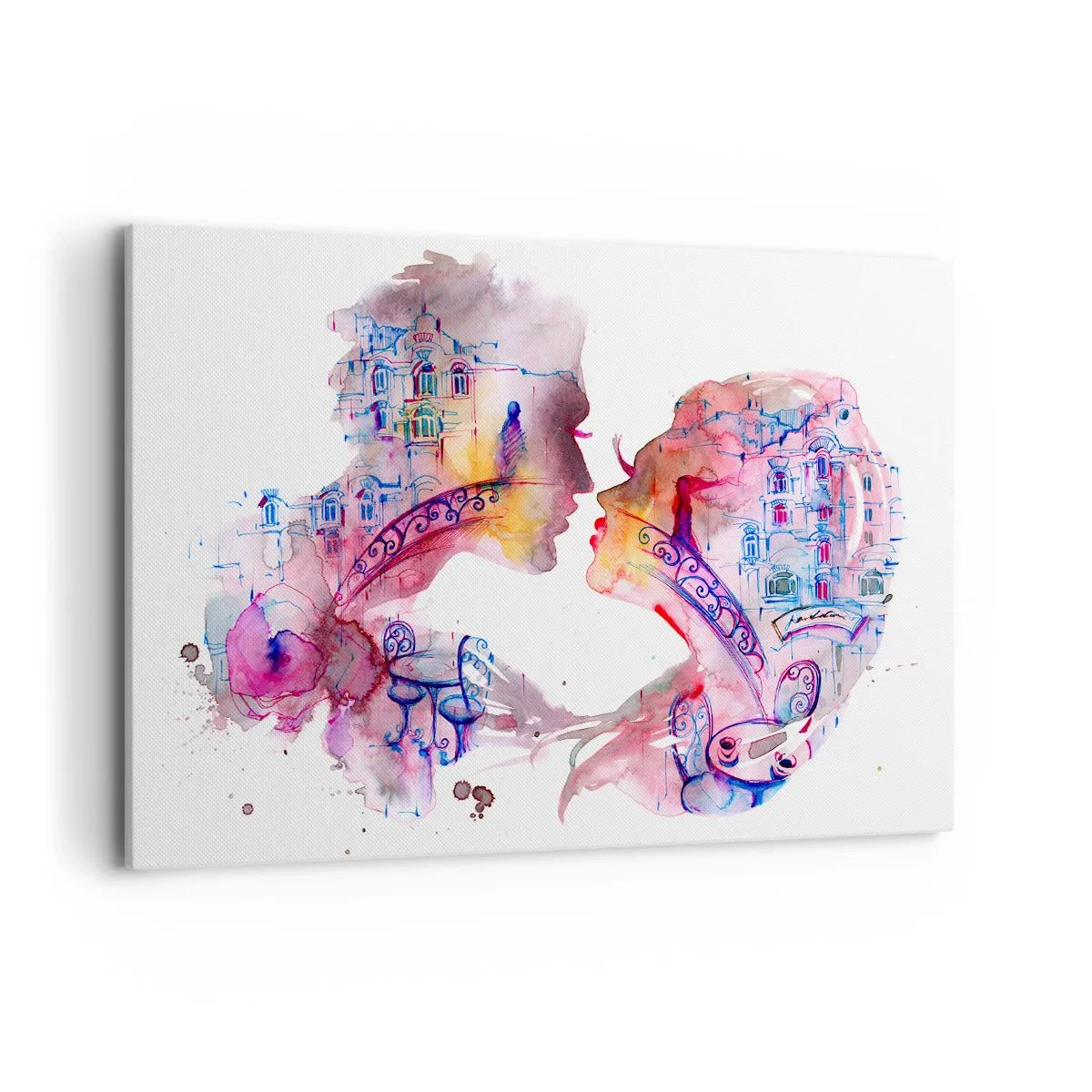 Impression sur toile - Image sur toile - Une aquarelle romantique représentant les silhouettes des amoureux - 120x80cm - Le pont secret des soupirs - Décoration murale moderne pour le salon et la chambre ARTTOR