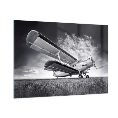 Impression sur verre - Image sur verre - Une photographie en noir et blanc d'un avion sur fond de ciel dramatique. - 100x70cm - Le pèlerin ailé - Décoration murale moderne pour le salon et la chambre ARTTOR