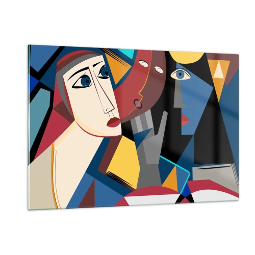 Impression sur verre - Image sur verre - Visages cubistes aux couleurs intenses - 120x80cm - Une conversation entre cubistes - Décoration murale moderne pour le salon et la chambre ARTTOR