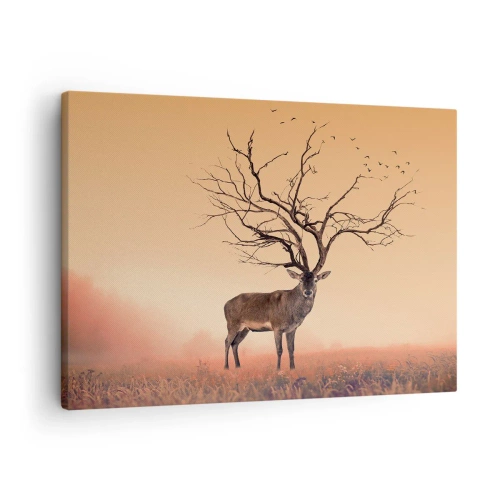 Impression sur toile - Image sur toile - Un graphique de cerf fantaisie avec des branches au lieu de bois - 70x50cm - Cerf de Pra - l'esprit éternel de la forêt - Décoration murale moderne pour le salon et la chambre ARTTOR