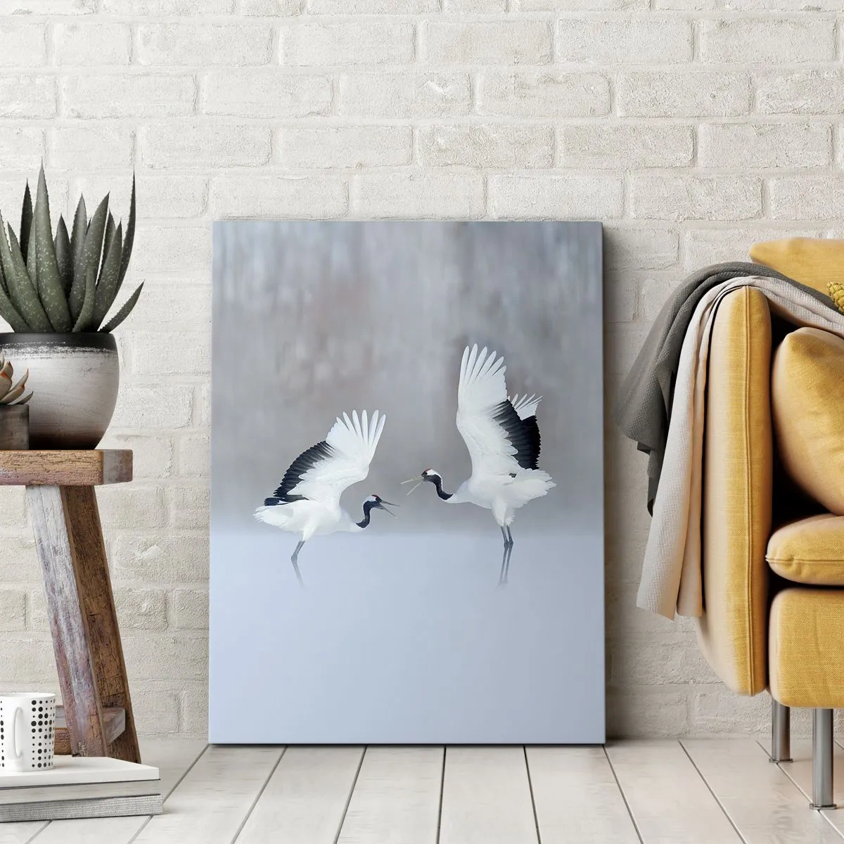 Impression sur toile - Image sur toile - Deux grues dansant dans un paysage brumeux - 50x70cm - Danse dans le brouillard - Décoration murale moderne pour le salon et la chambre ARTTOR