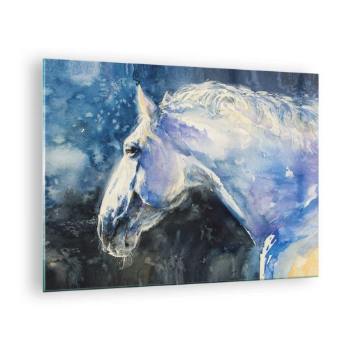 Impression sur verre - Image sur verre - Portrait à l'aquarelle d'un cheval dans les tons bleus - 70x50cm - Portrait dans une lueur azur - Décoration murale moderne pour le salon et la chambre ARTTOR