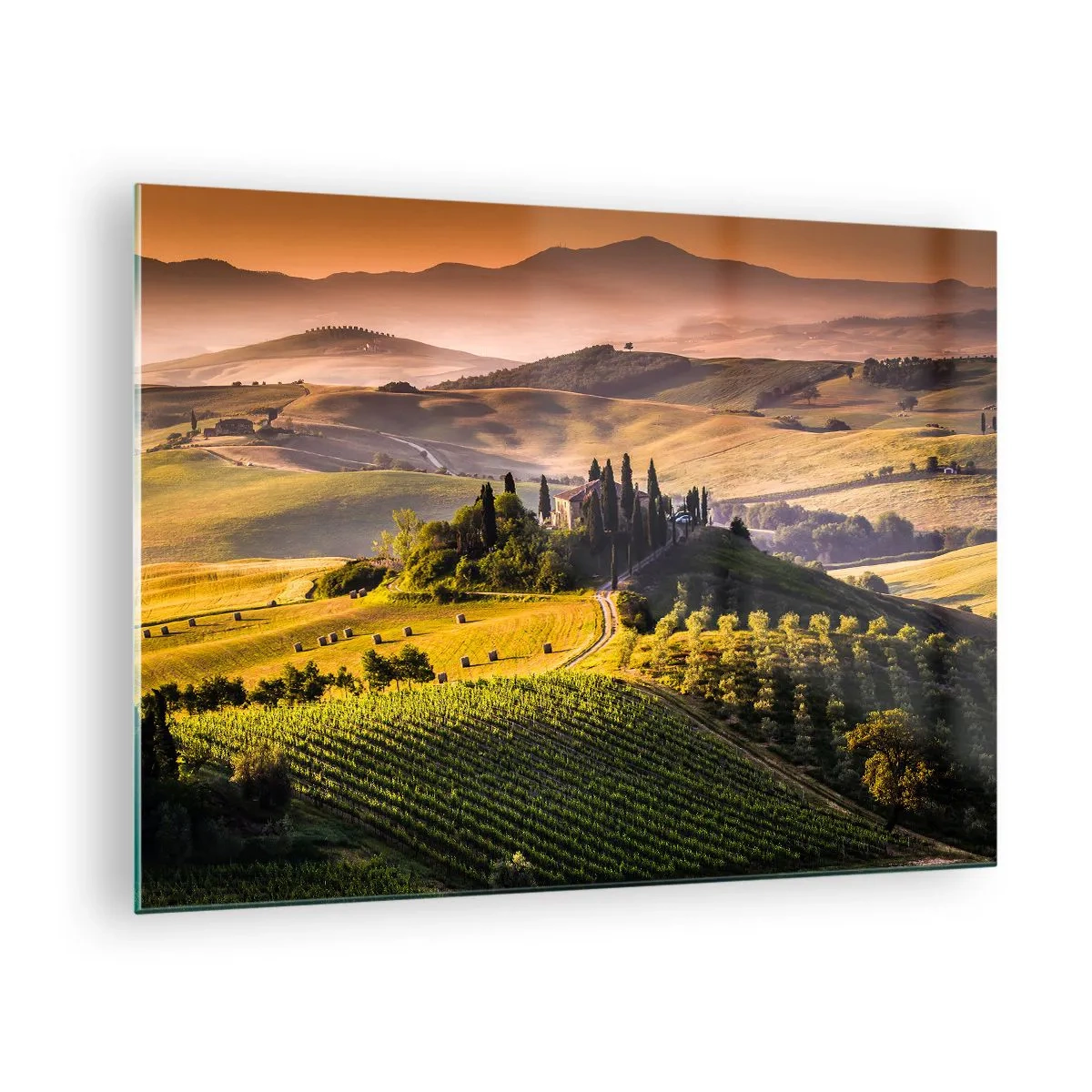 Impression sur verre - Image sur verre - Paysage toscan au lever du soleil - 70x50cm - Arcadie - le paysage toscan - Décoration murale moderne pour le salon et la chambre ARTTOR