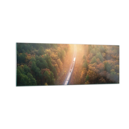 Impression sur verre - Image sur verre - Un train dans une forêt d'automne à l'aube - 140x50cm - Voyage printannier - Décoration murale moderne pour le salon et la chambre ARTTOR