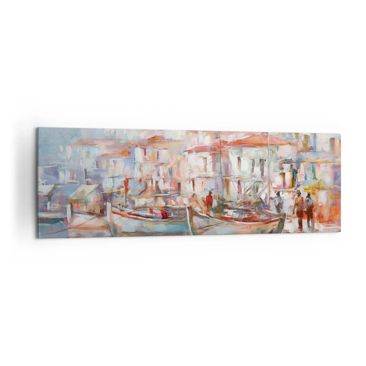 Impression sur toile - Image sur toile - Impression de port avec bateaux et bâtiments - 160x50cm - Vacances pastelles - Décoration murale moderne pour le salon et la chambre ARTTOR