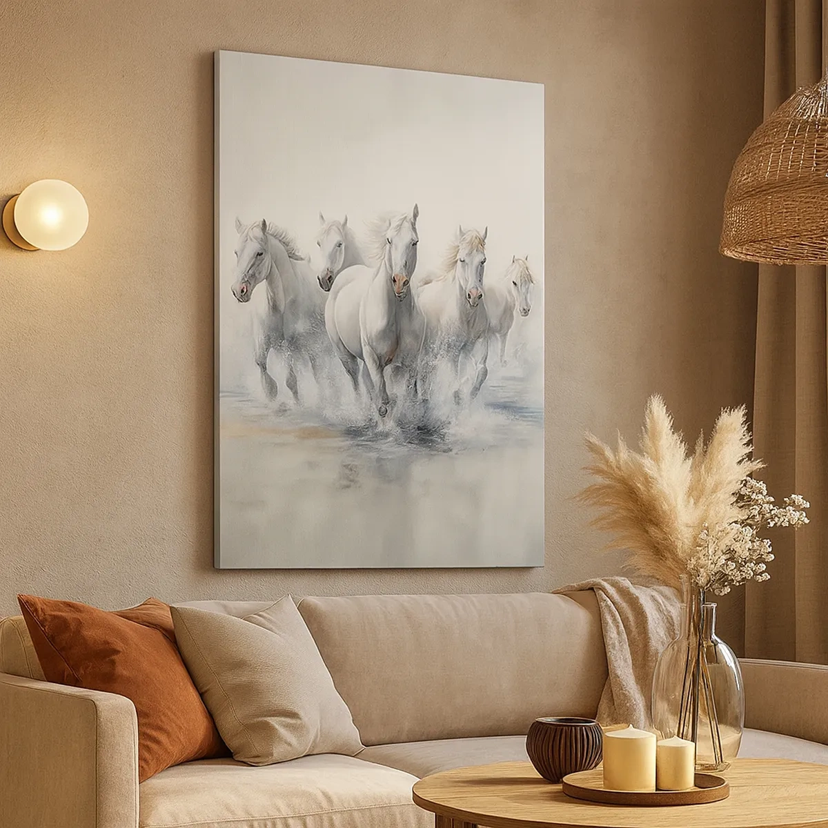 Impression sur toile - Image sur toile - Des chevaux blancs galopent dans l'eau - 50x70cm - Magie blanche - Décoration murale moderne pour le salon et la chambre ARTTOR