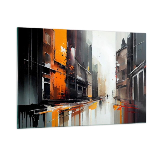 Impression sur verre - Image sur verre - Une rue sous la pluie avec de grands immeubles aux couleurs chaudes - 120x80cm - Jour de pluie - Décoration murale moderne pour le salon et la chambre ARTTOR