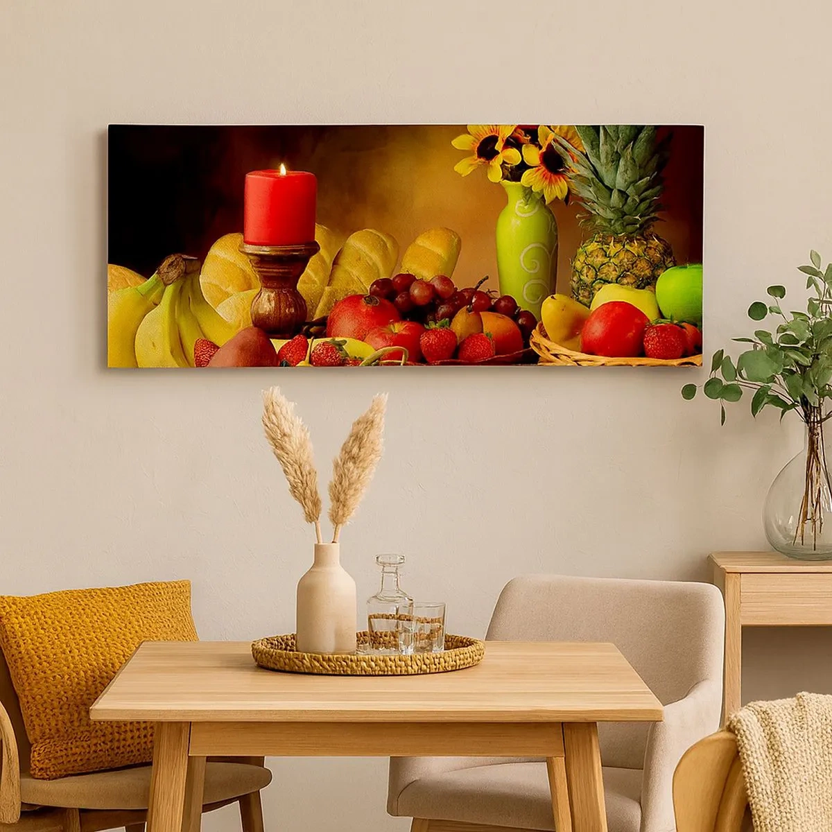 Impression sur toile - Image sur toile - Nature morte de pain et de fruits - 100x40 cm
