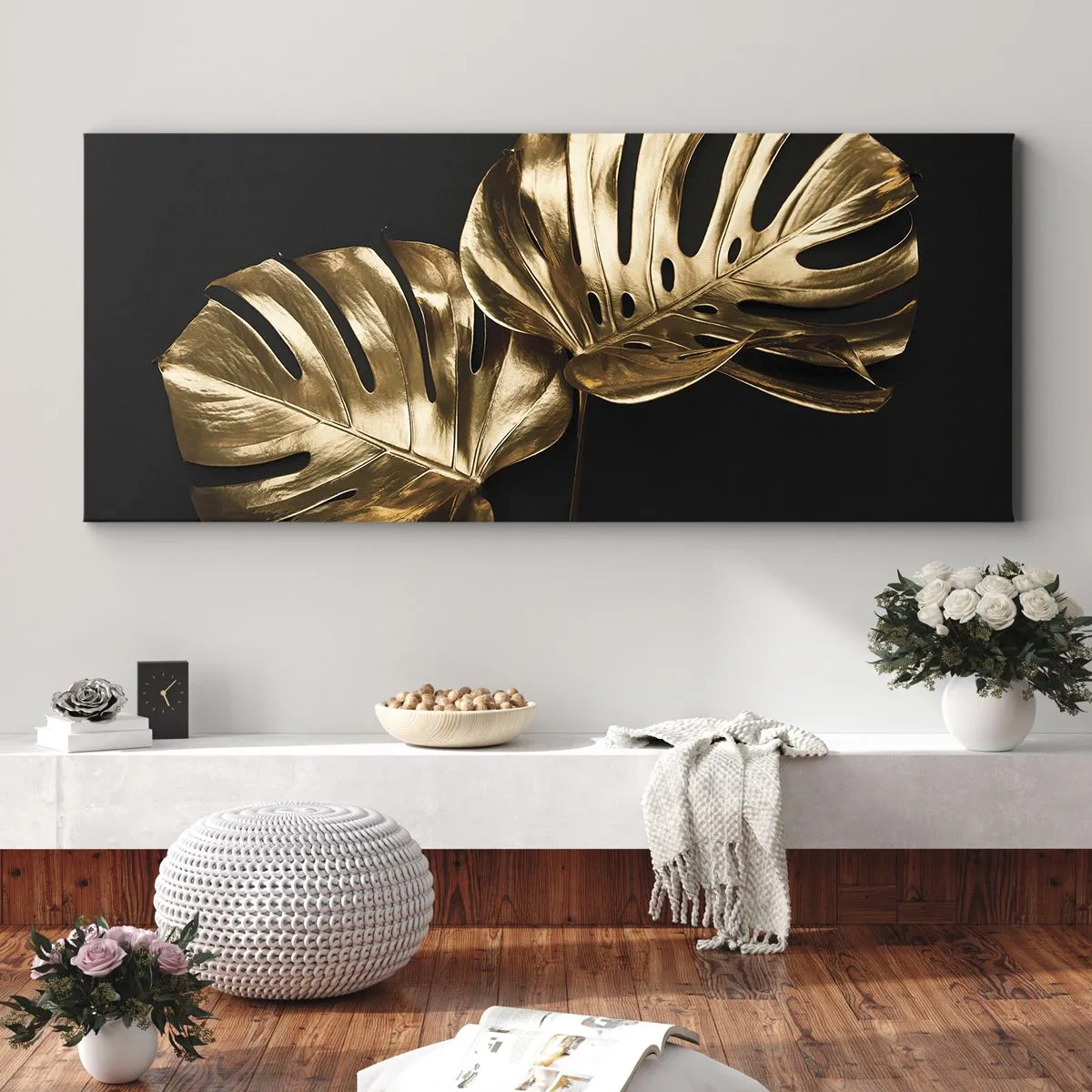 Impression sur toile - Image sur toile - Feuilles de monstera dorées sur fond noir - 160x50cm - Les trésors de la nature - Décoration murale moderne pour le salon et la chambre ARTTOR