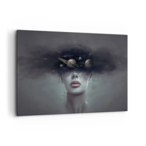 Impression sur toile - Image sur toile - Un visage de femme avec un motif de planète et d'espace en arrière-plan - 120x80cm - Et les planètes deviennent folles... - Décoration murale moderne pour le salon et la chambre ARTTOR