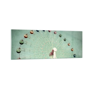 Impression sur verre - Image sur verre - Une grande roue colorée contre un ciel bleu dans un style rétro - 140x50cm - Nous vous invitons à vous amuser - Décoration murale moderne pour le salon et la chambre ARTTOR