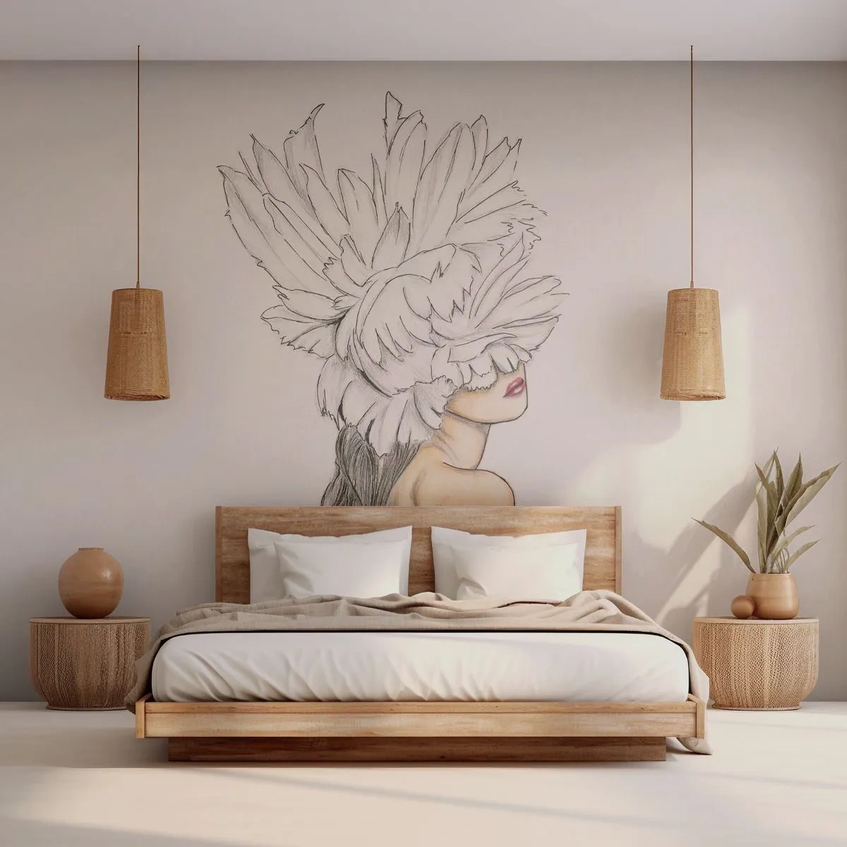 Papier Peint Photo Premium Canvas - Portrait d'une femme avec décoration de plumes dans un style artistique - 100x70cm - Beauté couronnée - Décoration murale moderne pour le salon et la chambre ARTTOR