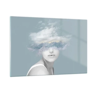 Impression sur verre - Image sur verre - Le visage d'une femme se fond dans le ciel et les nuages dans une vision surréaliste. - 120x80cm - La tête dans les nuages - Décoration murale moderne pour le salon et la chambre ARTTOR