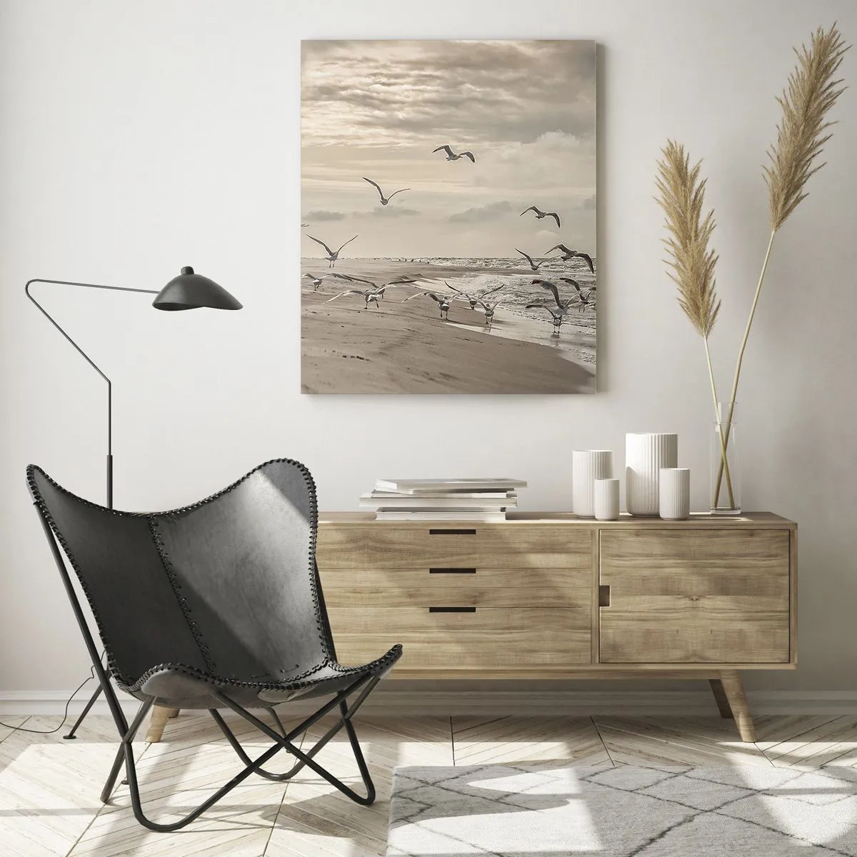 Impression sur verre - Image sur verre - Une mouette en vol au-dessus d'un paysage balnéaire - 80x120cm - Le bruit de la mer, le chant des oiseaux - Décoration murale moderne pour le salon et la chambre ARTTOR