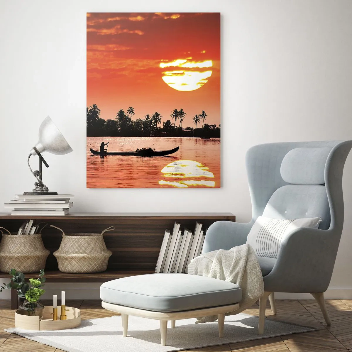 Impression sur verre - Image sur verre - Coucher de soleil tropical avec un bateau et des palmiers en arrière-plan - 80x120cm - La tranquillité des tropiques au coucher du soleil - Décoration murale moderne pour le salon et la chambre ARTTOR